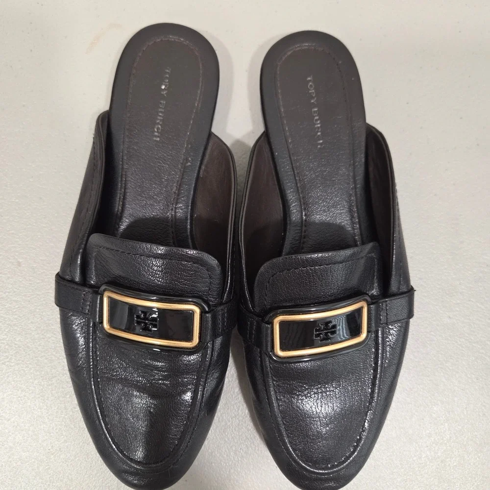Tory Burch Georgia Backless Loafer Mule 8M Black Leather Gold Buckle Flat Chic